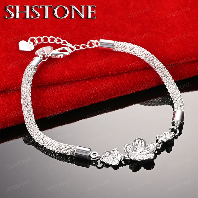 Nice 925 Sterling Silver Net Chain Three Plum Flowers Bracelet For Women Fashion Charm Jewelry Accessories Birthday Party