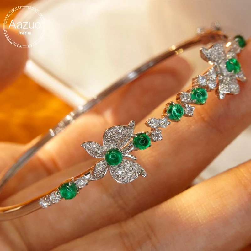 

Aazuo 18K White Gold Natrual Emerald Real Diamond Luxury Bangle For Woman Upscale Trendy Wedding Engagement Party Luxurystyelife