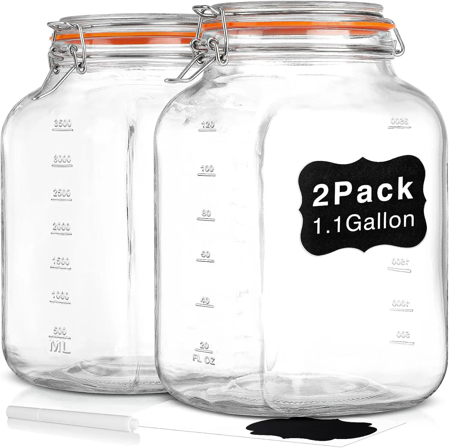 

UPGRADE 2-Pack Square Wide Mouth Airtight Glass Jars with Lids, 1.1 Gallon Kitchen Storage Containers with Measurement Marks