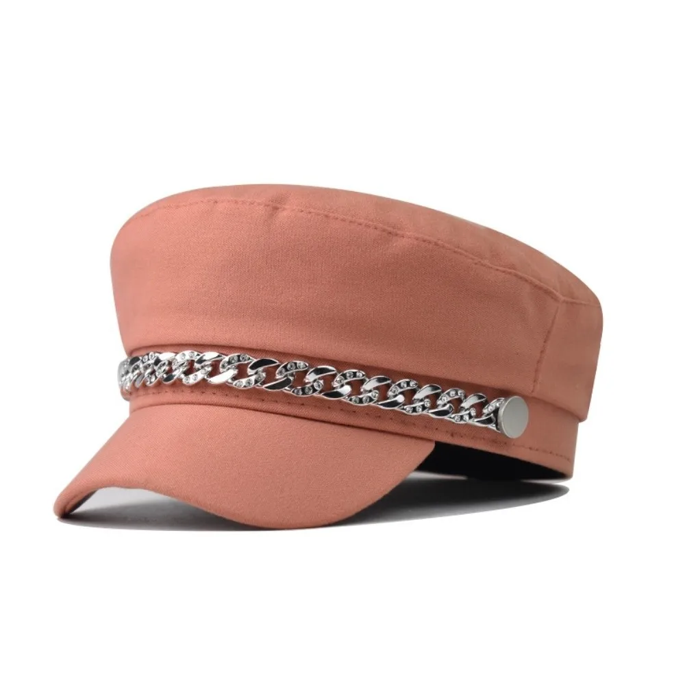 Fashion Rhinestone Chain Decor Newsboy Cap Short Brim Vintage Twill Fabric Baker Boy Hat Flat Top Beret Hat Daily Street Wear
