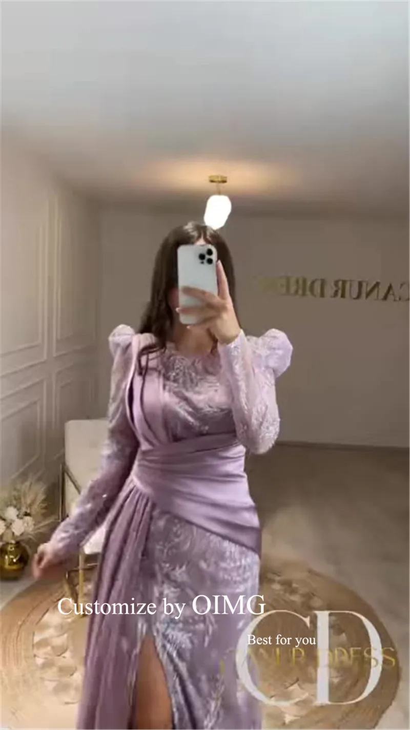 Lilac Lace Mermaid Evening Dresses Jewel Neck Long Sleeves Side Split Arabic Women Formal Prom Gowns Elegant Occasion Dress