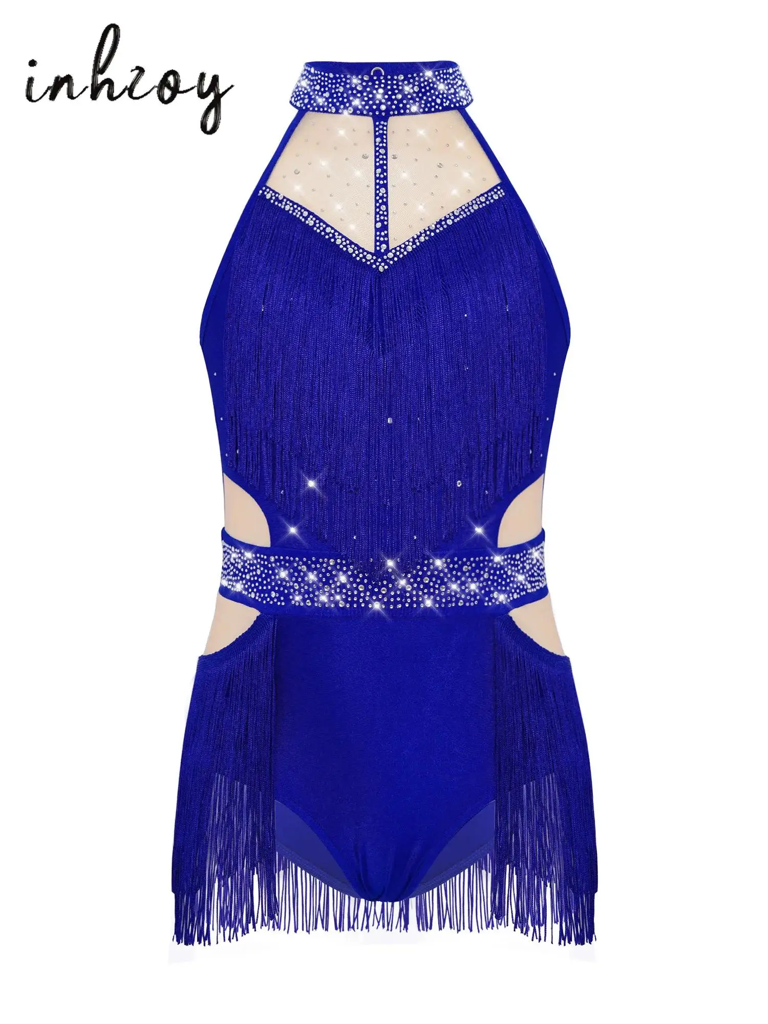 

Kids Girls Tassels Tango Latin Dance Leotard Sleeveless Cutout Back Sheer Mesh Patchwork Shiny Rhinestones Bodysuit Dancewear