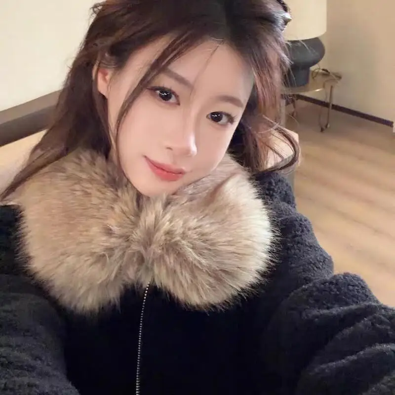 

Women's Padded Jacket Autumn and winter Detachable Faux Fur Collar Lamb Wool Jacket Women thick Loose Fit Short Casual Coat tops