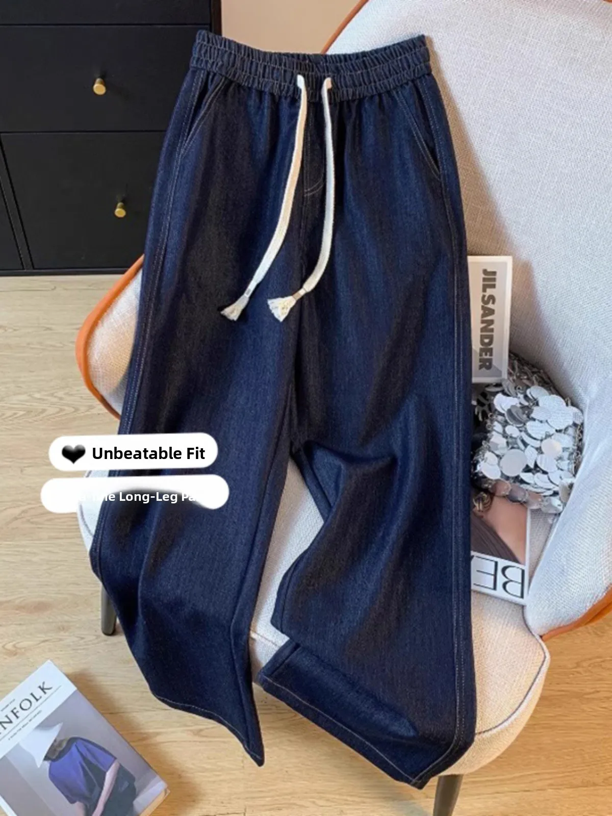 

plus Size Women's Soft Denim Jeans Spring New Style Slim Fit Wide Leg Pants High Waist Elastic Waist Drawstring