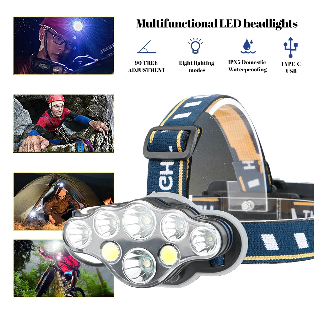 Headlamp USB Rechargeable Headlight  COD 90° Waterproof  Torch 8Mode Camping Fishing Bright Forehead Flashlight
