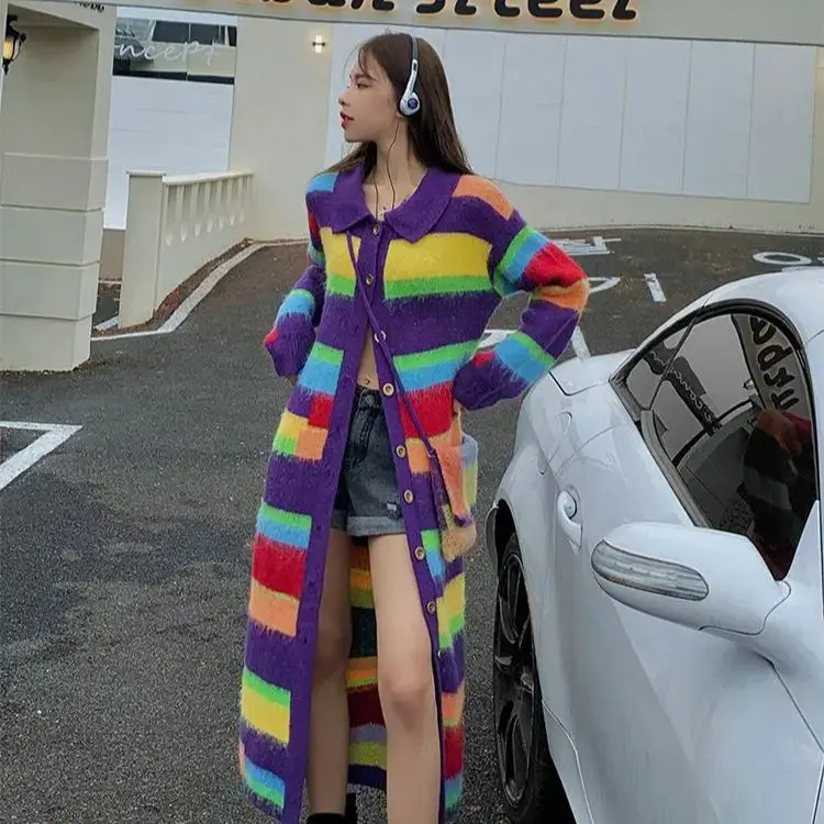 

Candy Contrast Plush Long Sweater Coat Lazy Rainbow Striped Knit Cardigan Vintage Stripes Cardigan Single Breasted Knitwear