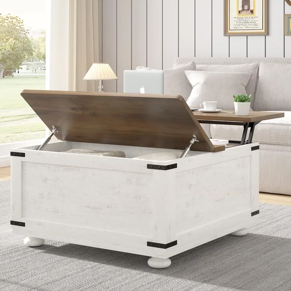 Farmhouse Lift Top Coffee Table with Storage, White Lift Top Coffee Table with Hydraulic Gas Rod, Large Square Lift Top