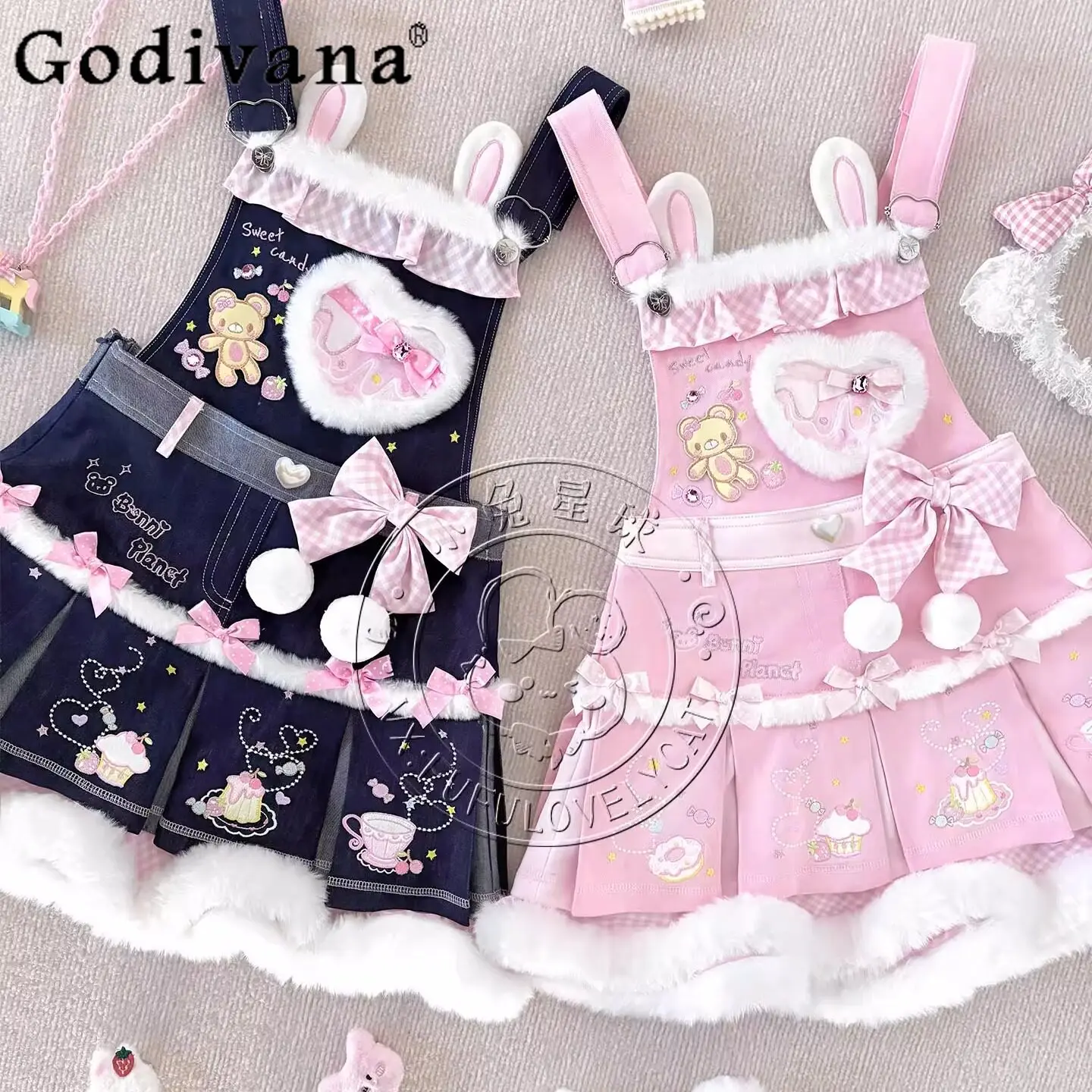 

Original Sweet Girls Y2K Suspender Dress Detachable Short Skirt Spring and Summer Bear Embroidery Bow Daughter's Skirt Clothes