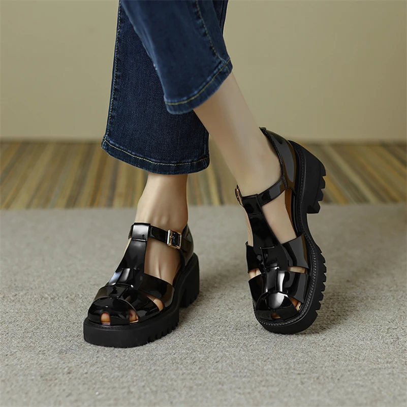 Women Genuine Leather High Heel Summer Sandals Gladiator Ladies Buckle Sandals Fashion Thick Heel T-Strap Sandals Summer Shoes