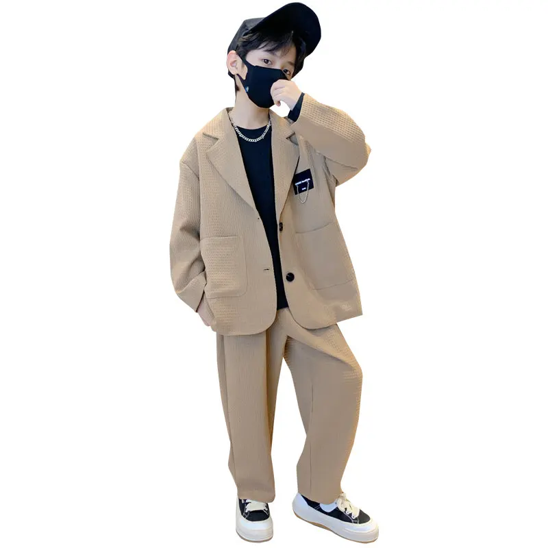 Kids Boys Suit Blazer+Pants Two Piece Black Khaki Spring Autumn Korean Children Casual Formal Soft Clothing Set 5 To 14Years Old 2