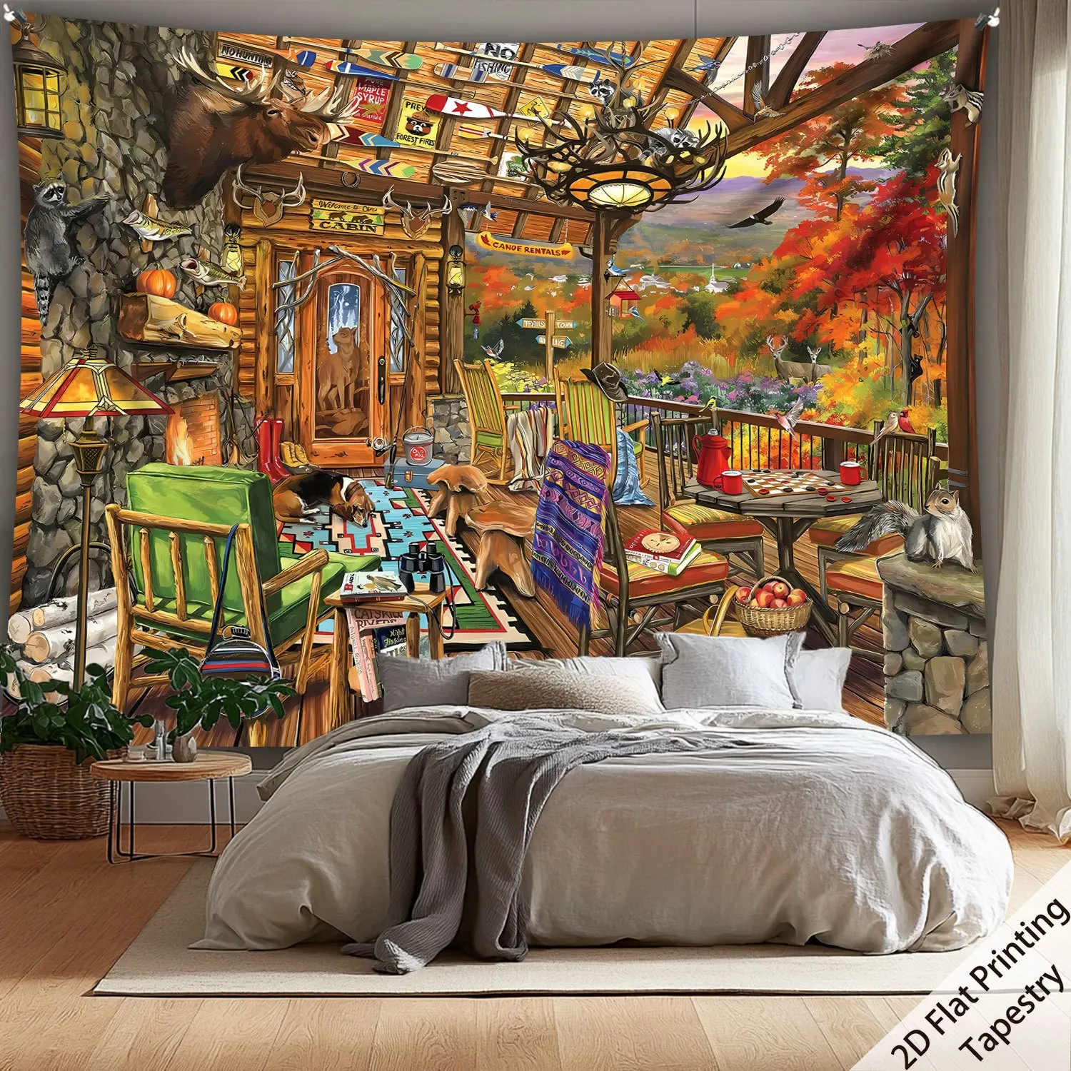 Rustic Cabin Porch Tapestry, Autumn Landscape Wall Hanging, Cozy Cottage Decor for Bedroom Living Room Background