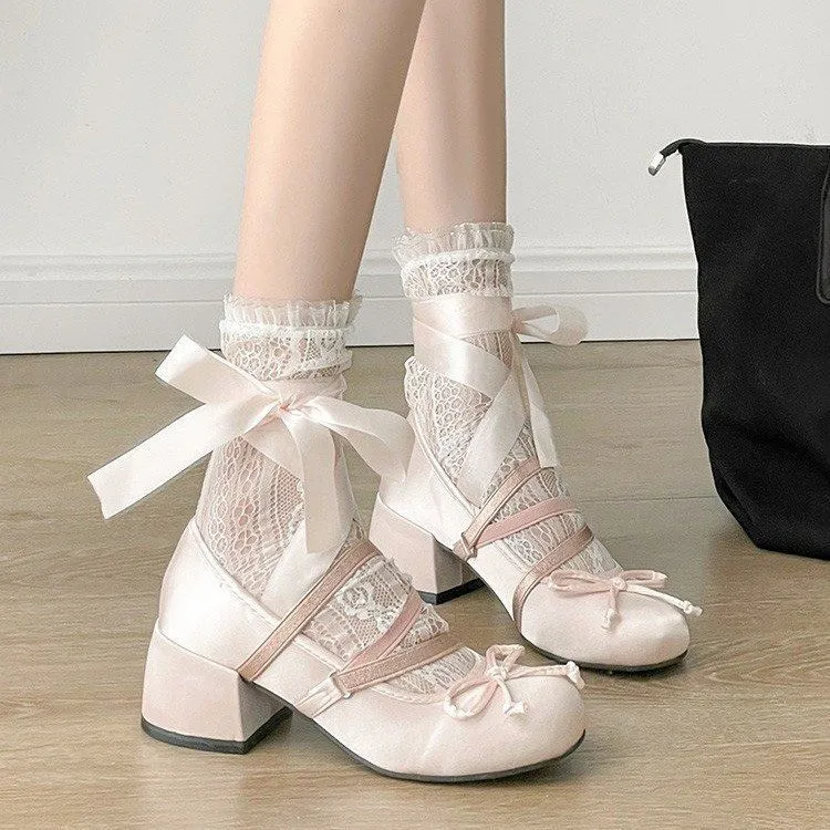 Pink Cross-tie High Heels Thick-heeled Girl Ballet Shoes Wear French Elegant Satin Lolita Shoes Retro Shoes Women