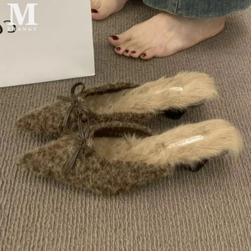 Fur Pointed Toe Women Cotton Slippers Low Heels Fashion Mules Shoes Spring Cozy Slingback Boots Woman 2025 Trend Female Zapatos