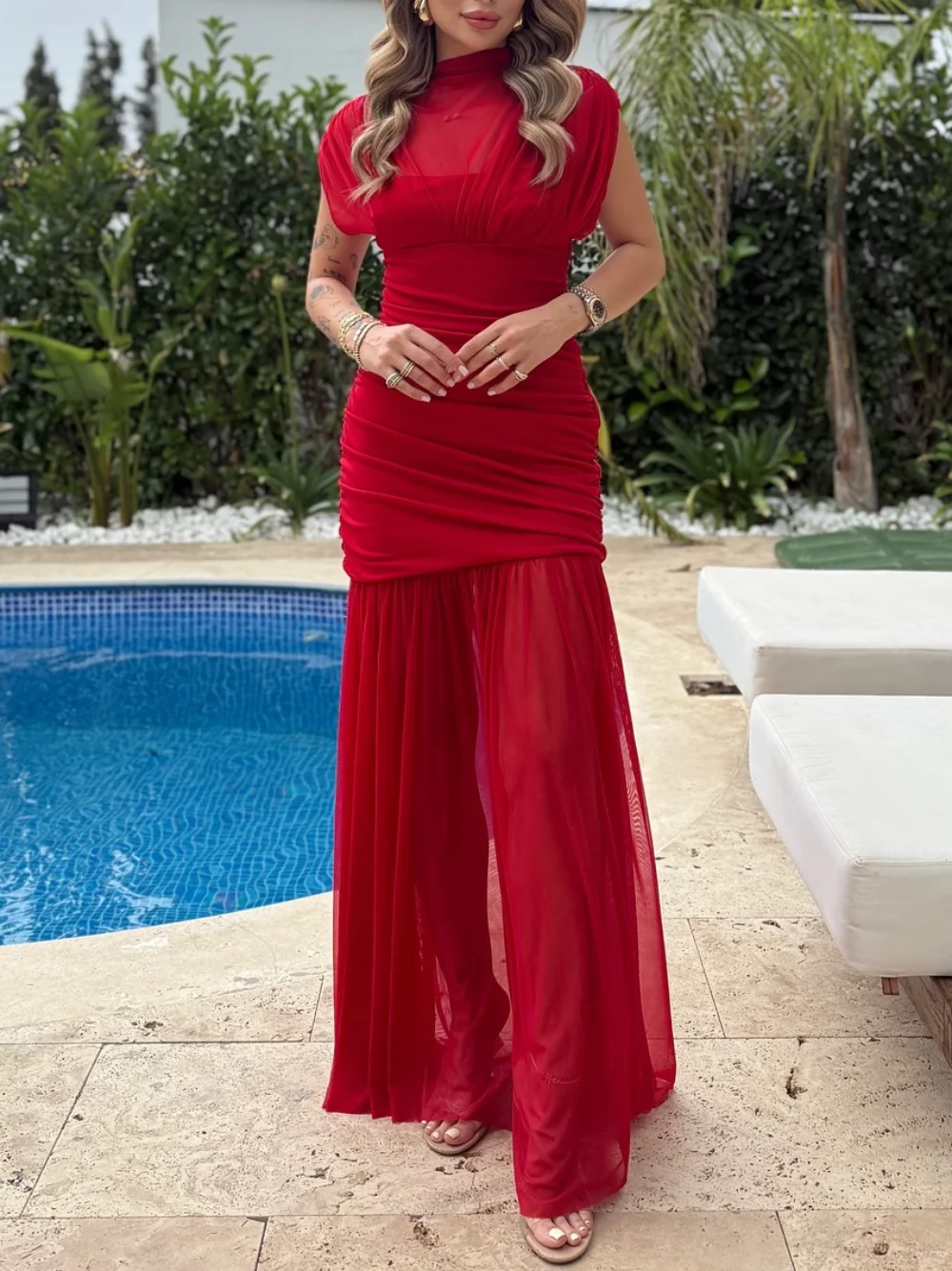 

Summer Women Sexy Stitching Design Sleeveless Pleated Midi Dress Ladies Elegant Chic Zipper Tulle Beach Party Holiday Dress