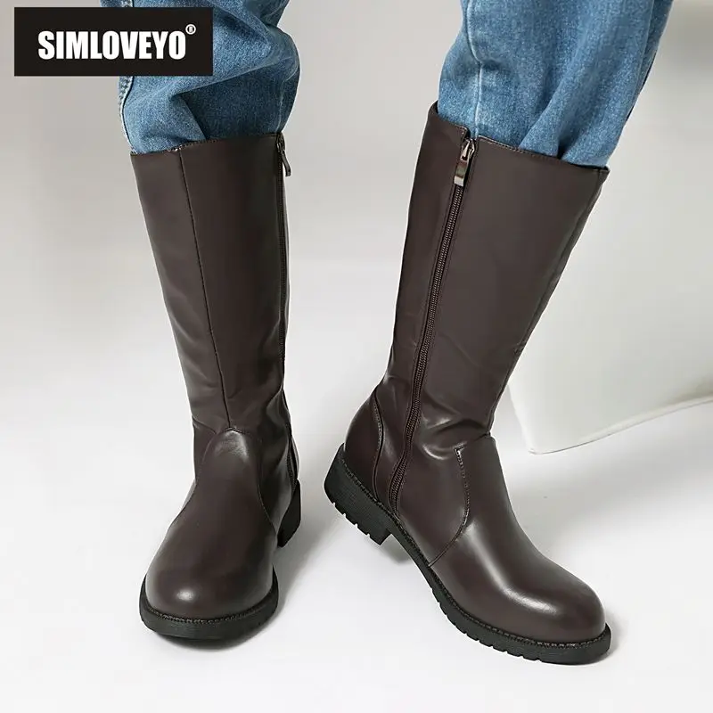 SIMLOVEYO 2025 New Casual Men's Mid Calf Boots Round Toe Thick Heels 3cm Zipper Big Sizes 47 48 49 Retro Daily Footwear