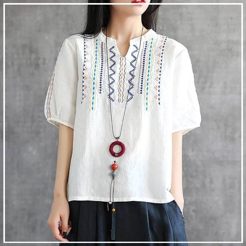 

2024 New Summer Minimalist Casual Fashion Retro Art V-neck Embroidery Loose Oversize Short Sleeved Ethnic Style Shirt for Women