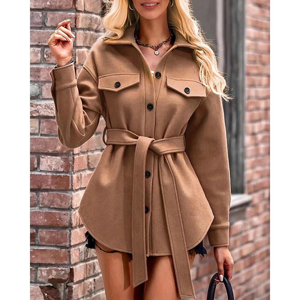 

Autumn Winter Women Single Breasted Asymmetric Hem Short Trench Coat With Belt Femme Korean Style Pocket Design Trench Coat