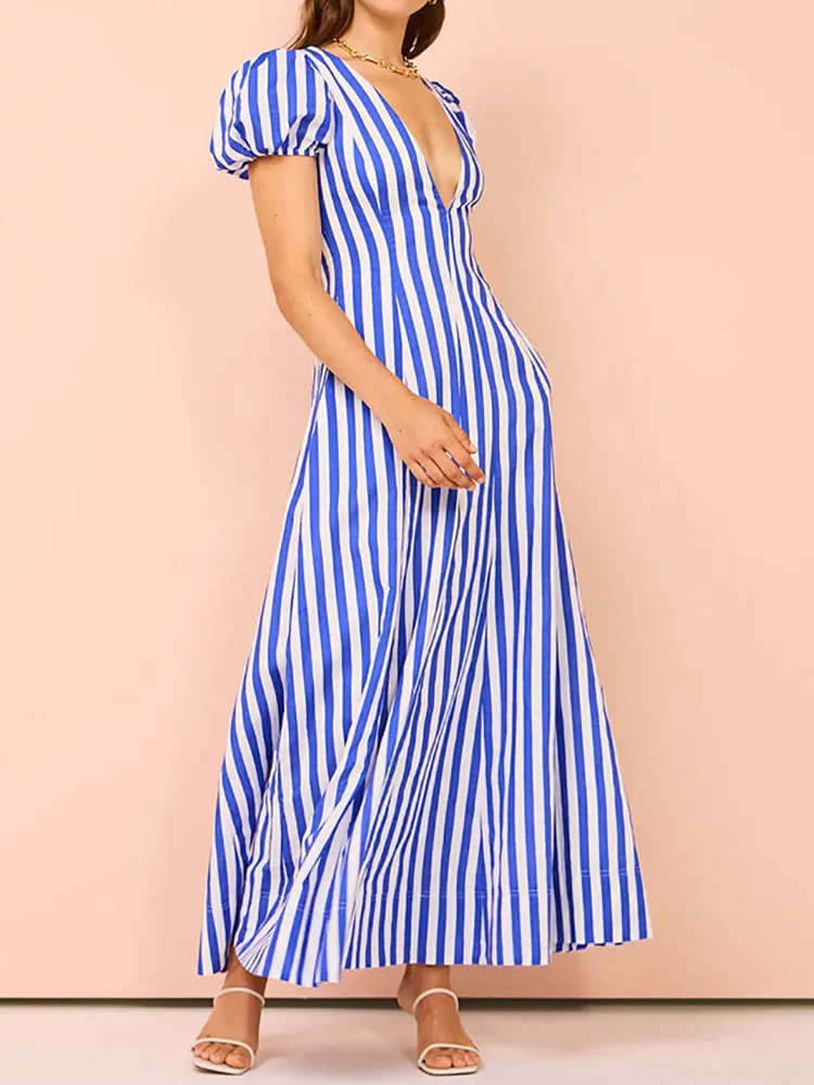 

Women Striped Patchwork Loose Fit Maxi Dress, Summer Holiday Short Puff Sleeve Party Dress, 2024 Deep V-Neck Simple Ladies Dress