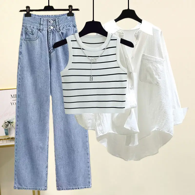 Women Spring Summer White Shirts Stripe Vest Denim Pants 1 or Three Piece Set Lady Loose Blouse Tank Top Jeans Outfits New Suits