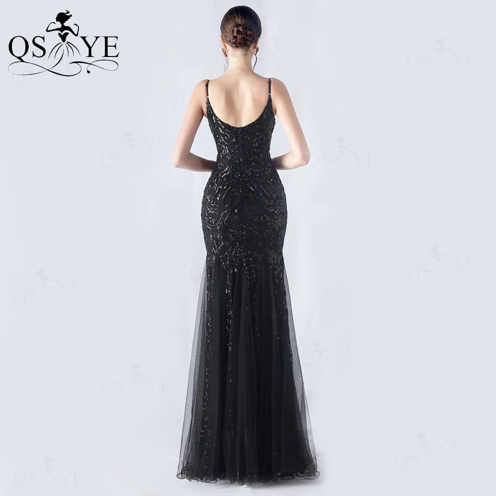 Black Sequined Evening Dresses Pattern Lace Spaghetti Straps V neck Prom Gown Open Back Full Mermaid Tulle Long Party Dress Chic
