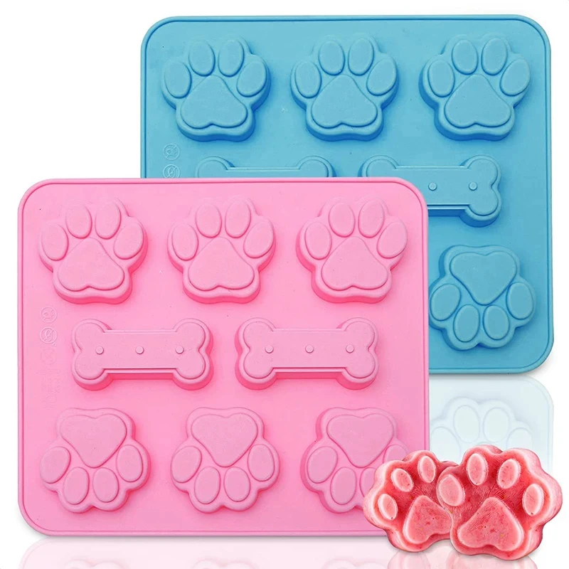 Molde de pastel de hueso y pata de perro rosa y azul, cubitos de hielo de silicona, moldes de Chocolate para crayones de caramelo, moldes antiadherentes para hornear