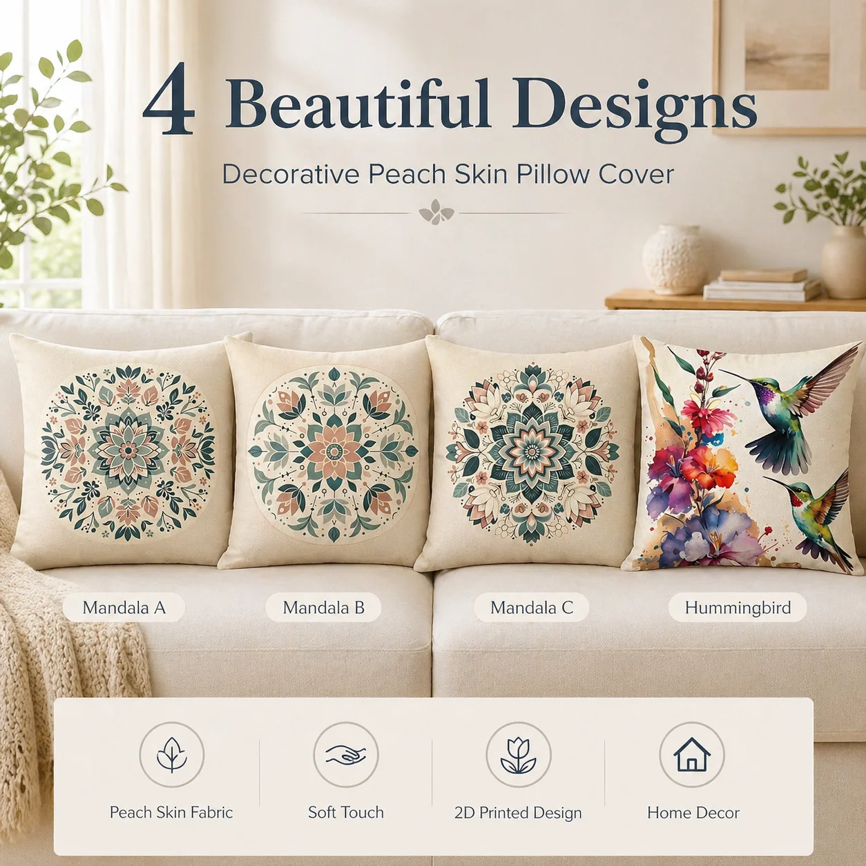 

Mandala Hummingbird Floral Watercolor 2D Flat Print Peach Skin Cushion Cover Throw Pillowcase for Living Room Couch Spring 45x45