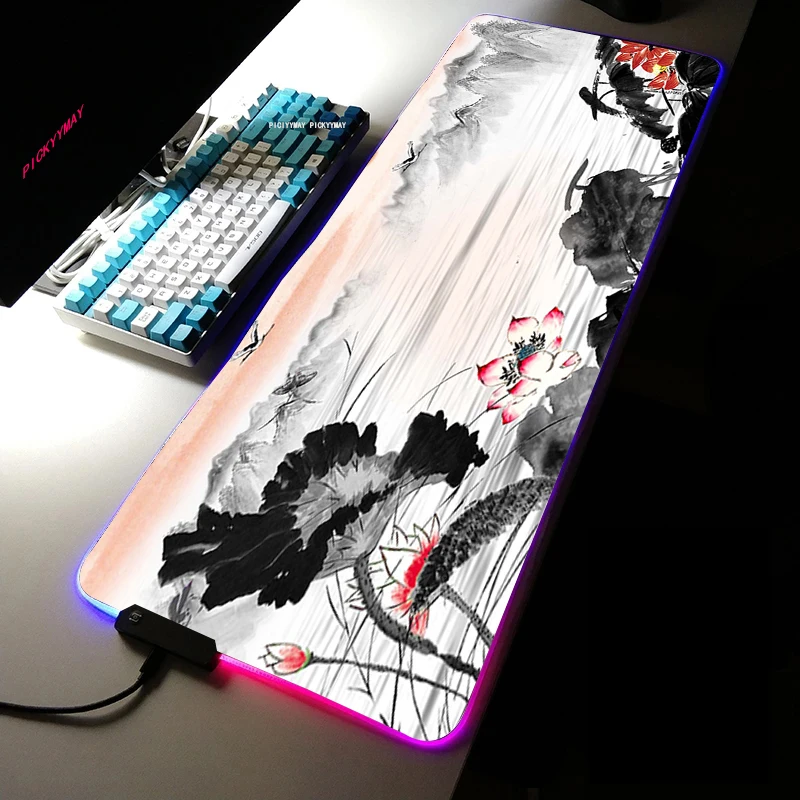 Chinese Illustration RGB Gaming Mouse Pad Large Home Mousepad Gamer Office Natural Rubber XL Mouse Mat LED Light Gaming mousepad