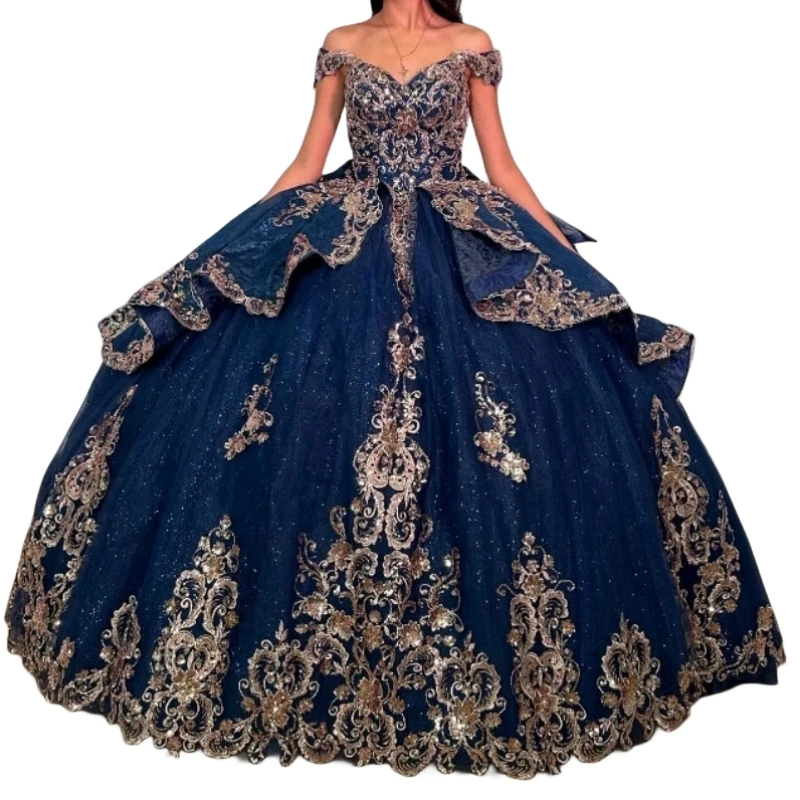 AA83 Customized Navy Blue Shiny Quinceanera Dresses With Appliques Lace Prom Party Gown Sweet 16 Vestido De 15Anos Occasion Wear