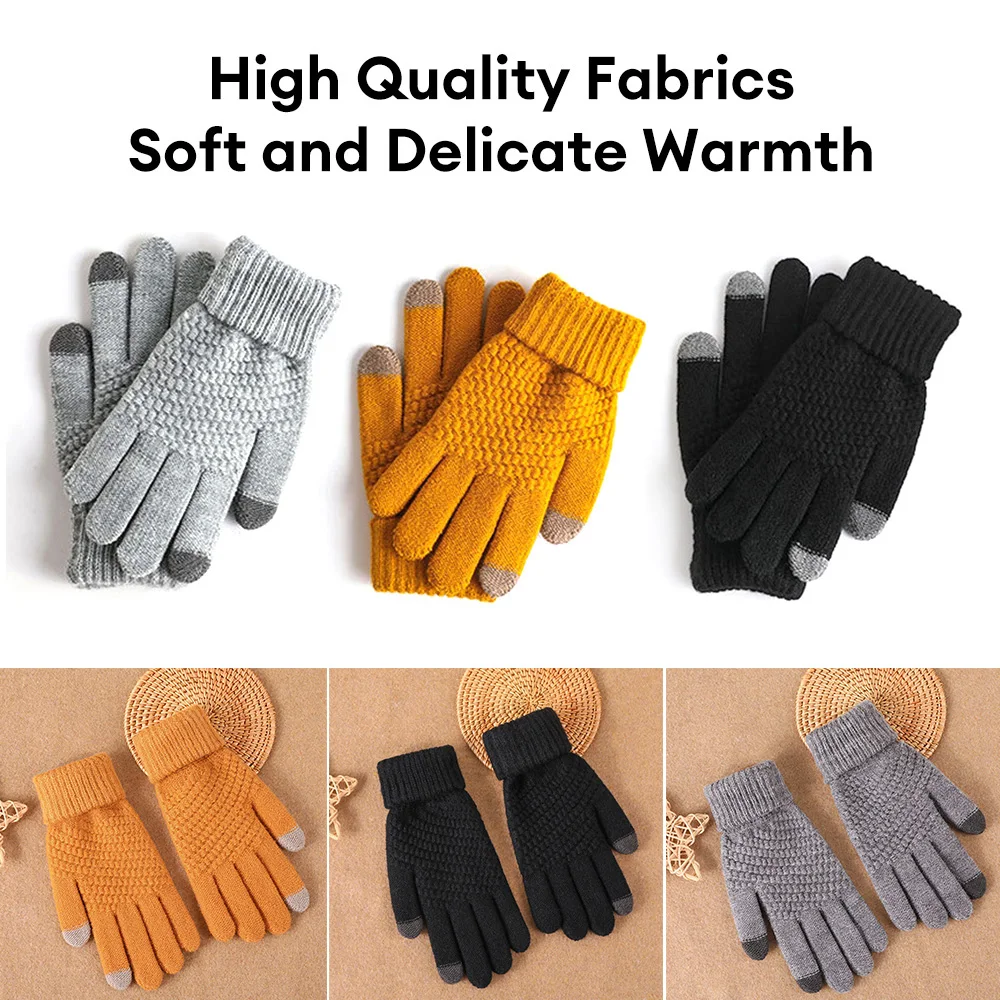 Winter Men Knitted Gloves Warm Full Fingers Touch Screen Anti-Slip Gloves for Cycling Running Driving Hiking Camping Work Mitten