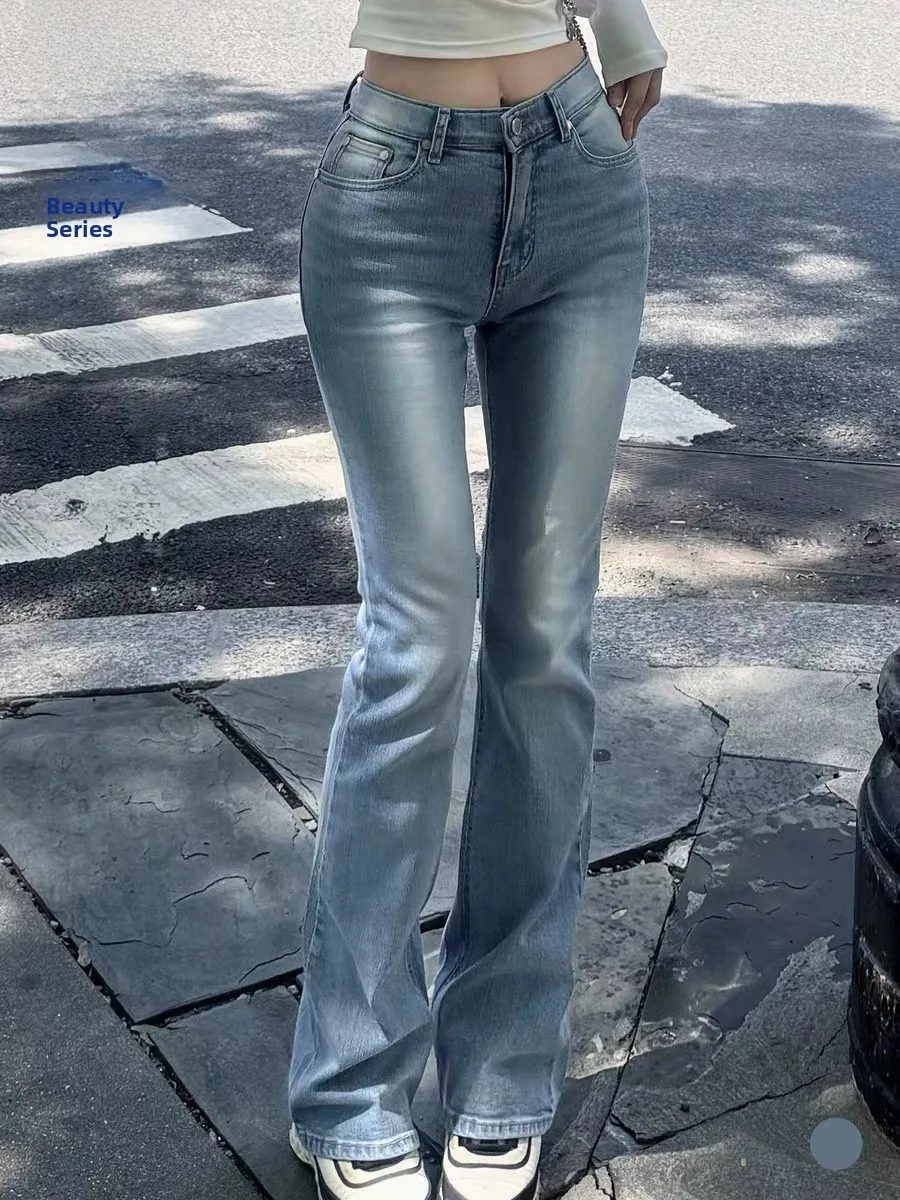 

Kindam Dongda Gate Vintage Waed l Waist Stretch Slimming Hip Enlarging Micro Flared Jeans Cotton Stretch Denim Jeans