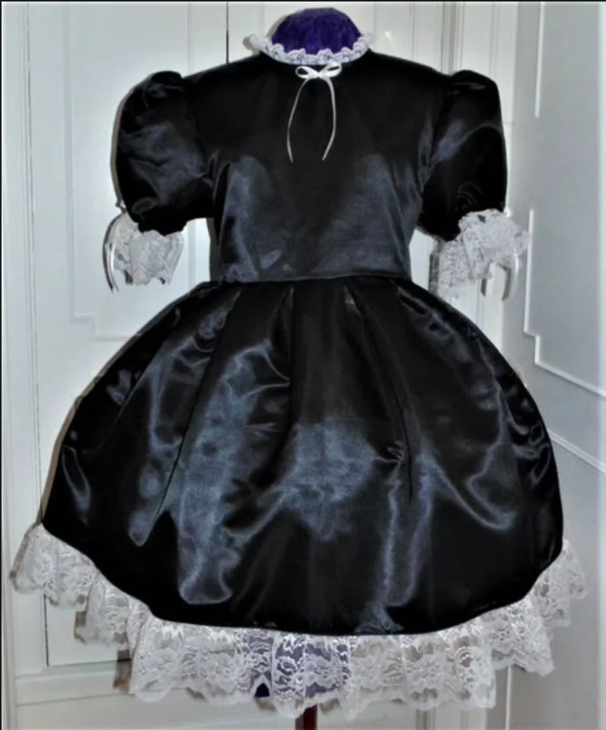 Adult Crossdresser Party Daily Unisex Dressing Maid Shoulder Fluffy Gothic Lace Cuff Lace Pleated Dress
