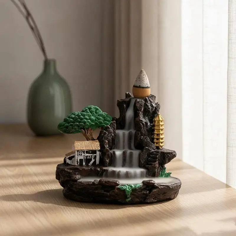 1Pcs Smooth Handcrafted Resin Backflow Incense Burner Mountain Waterfall for Desk Decor Yoga Meditation Relaxation