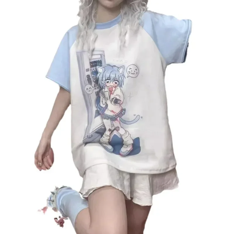 

Detachable Sleeve Tops Women Kawaii Anime Cat Print T-Shirt Japanese Harajuku T Shirt Y2k E-Girl Streetwear Loose Tees New 2021