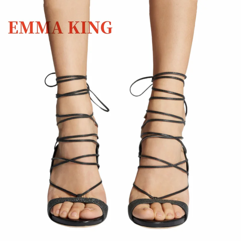 أسود Strappy الكعوب صنادل طراز جلاديتور ثعبان تنقش الدانتيل يصل خنجر مساء الصنادل الصيف النساء أصابع مفتوحة أحذية كبيرة الحجم #5