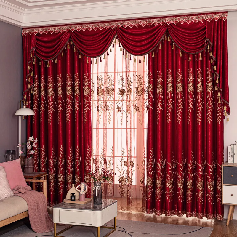 

Custom high-grade classical European luxury classical Embroidery valance red cloth curtain tulle M1858 valance tulle M1858