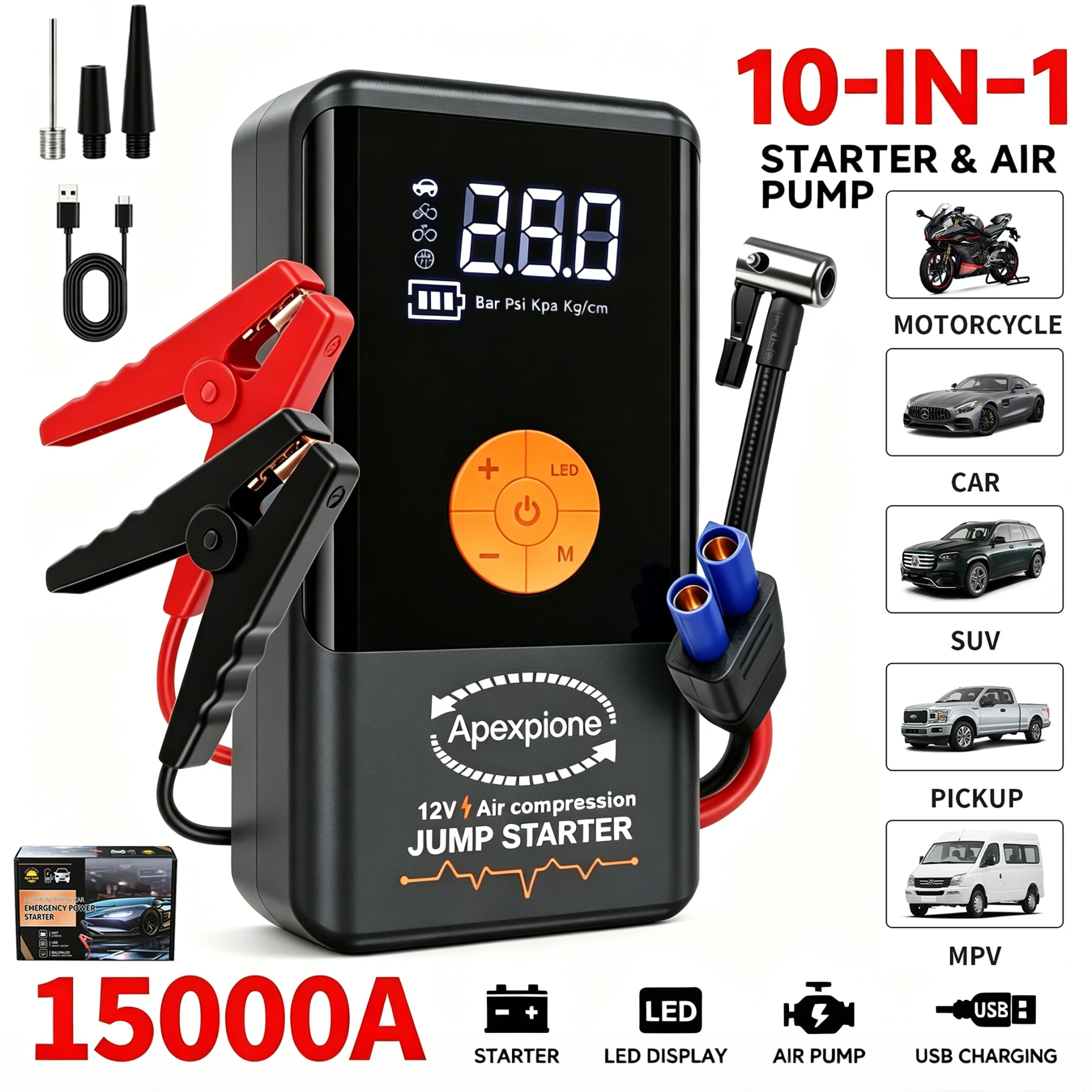 150PSI Air Pump Car Battery Emergency Boosters ,7000A/1500A PEAK Car Jump Starter Power Bank ,Portable Starting Device Car Starter New,Cars with USB Ports And LED Flashlight, 26800mAh/21800mAh Portable Car Jump Starter, Battery Jump Starter