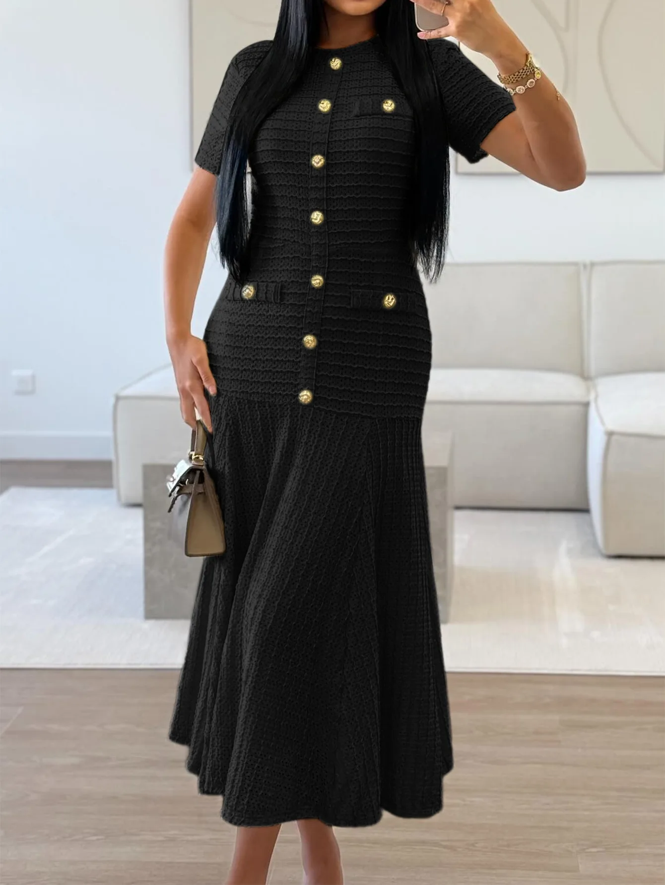 

Новое модное повседневное однобортное однобортное платье с коротким рукавом и круглым вырезом, облегающее платье выше середины икры для женщин, 4 цвета