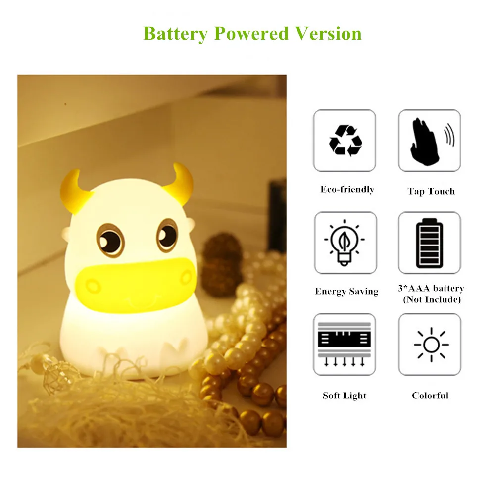 LED Night Light Penguin Rabbit Cow Cat Lamp Touch Sensor Colorful Battery Powered Silicone Animal Lamp for Children Baby Gift