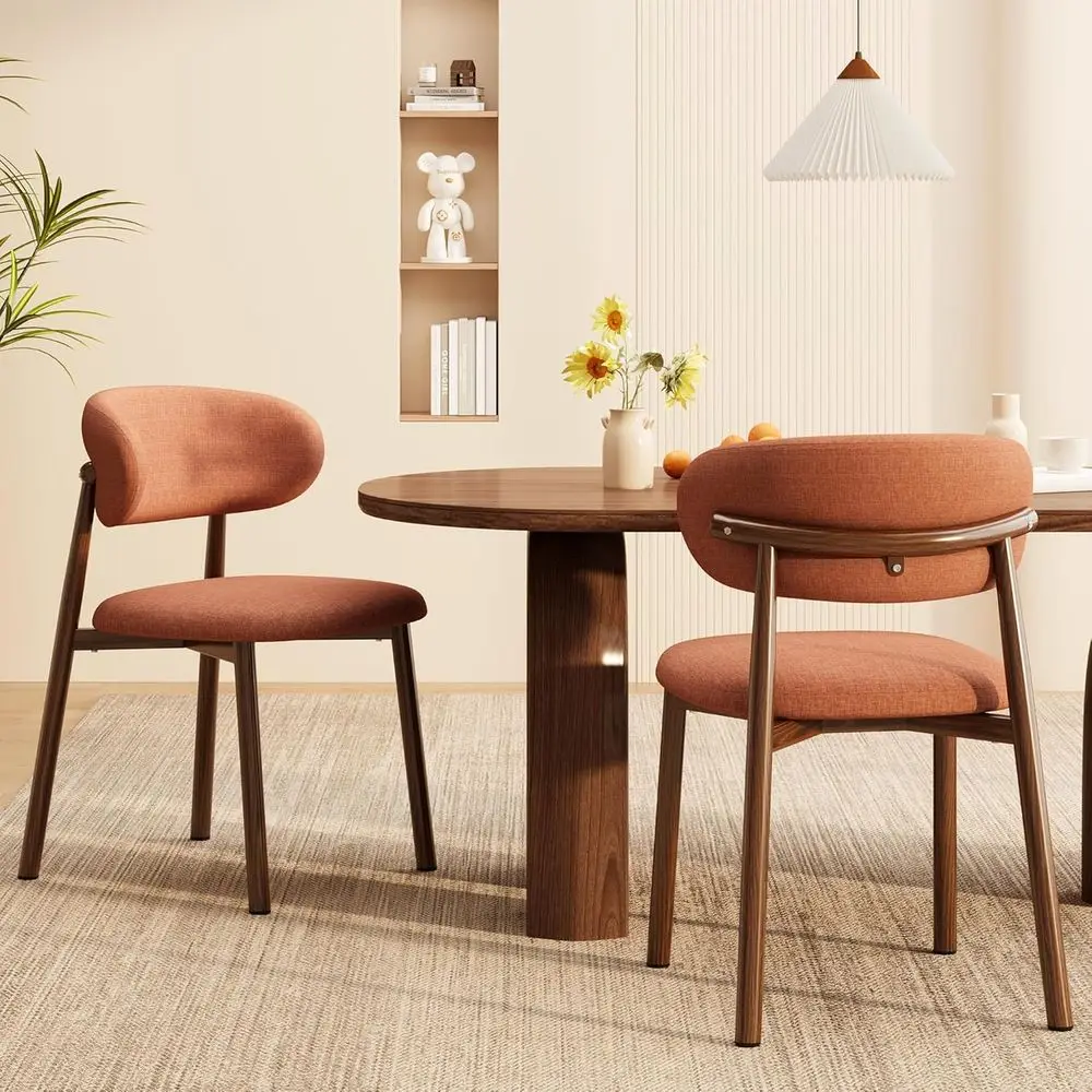 Orange Linen Upholstered Dining Chairs with Walnut Metal Legs Set of 2