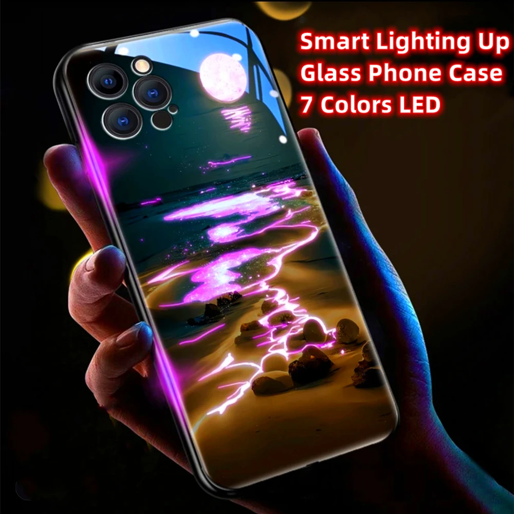 Pretty Moon Sea Beach Design Smart LED Light Glow Tempered Glass Phone Case For Samsung S26 S25 S24 S23 S22 S21 S20 Plus Ultra