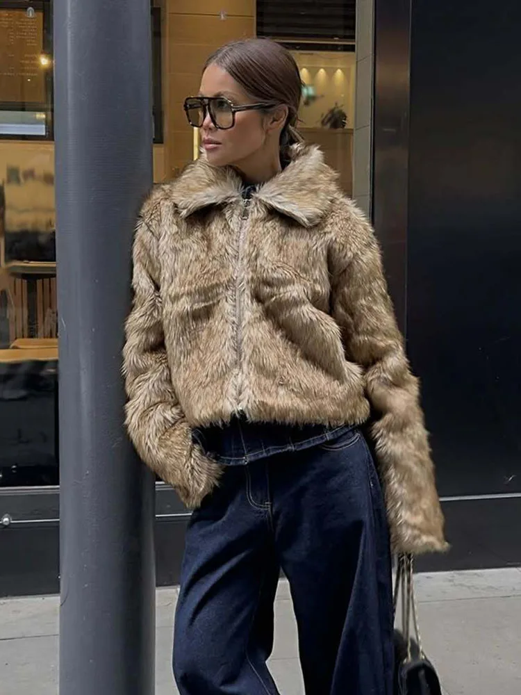 HH модная зимняя модная женская короткая куртка с длинными рукавами и молнией с лацканами, женская удобная куртка в уличном стиле с эффектом искусственного меха