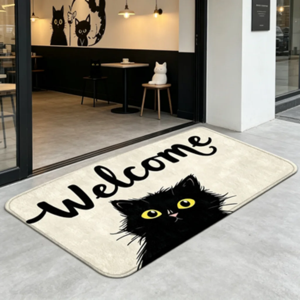Black HOME SWEET HOME Mat, Welcome Black Cat Washable Mat, Country Pet Entrance Mat, Colorful Wildflower Welcome Mat.