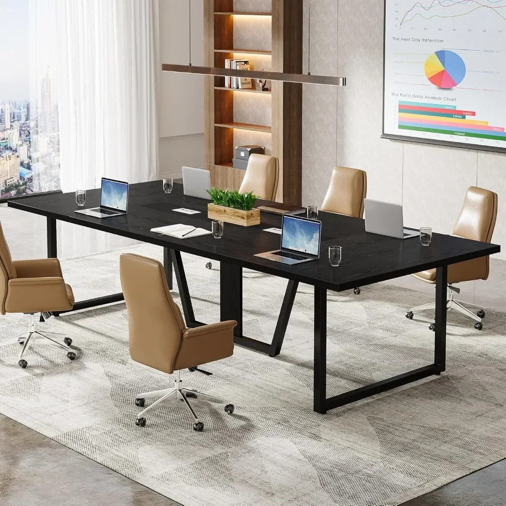 94.5-Inch Conference Table for 10 People, Industrial 8 FT Meeting Table with Two Grommets, Rectangular Podcast Training Table