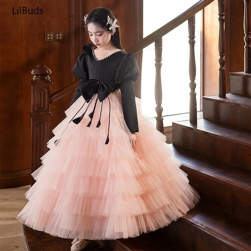 2024 Flower Children Dress Clothes Wedding Piano Performance Little Girl's Birthday Princess Long Sleeve Autumn Winter Costumes