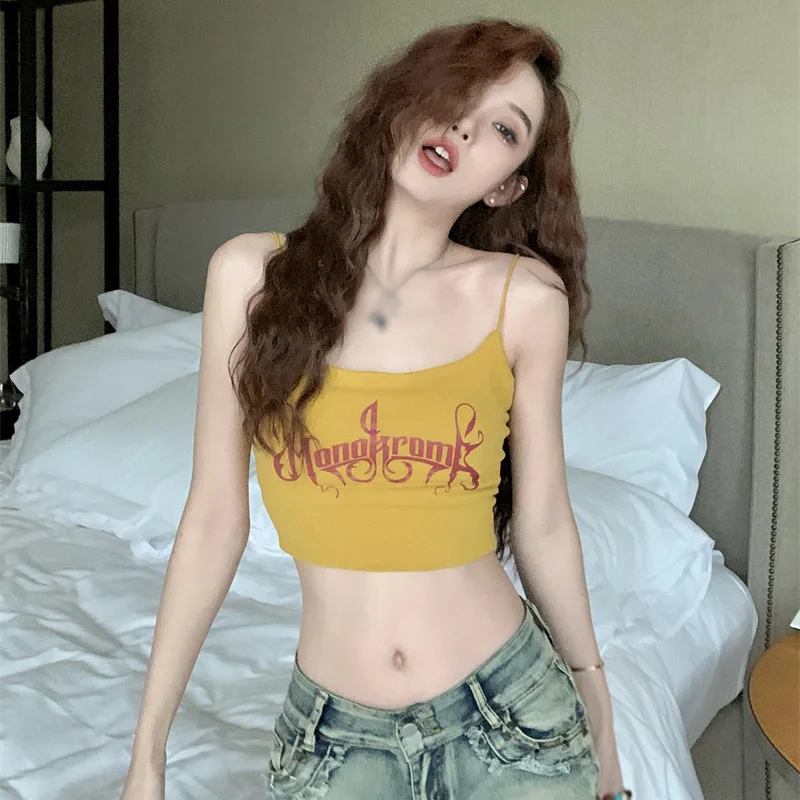 

Letter Print Slim Fit Sexy Sleeveless Tank Tops Summer Fashion Women's Camisole Spaghetti Strap Crop Top Hottie Preppy Style