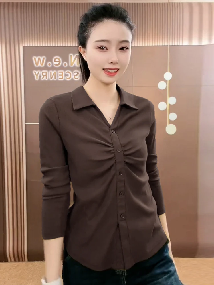 Camiseta Casual Longa Feminina em Algodão Puro Moda Primavera Outono Nova Camiseta Cardigan Dobrada Confortável e Respirável