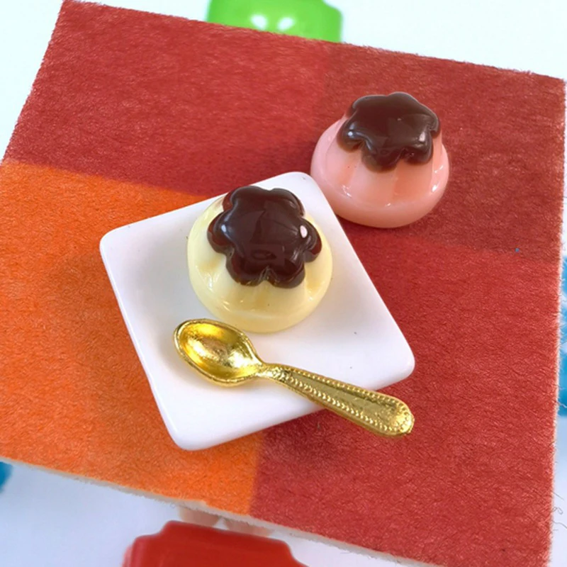 1Set 1:12 Dollhouse Miniature Fruits Pudding With Spoon Simulation Food Model Kitchen Accessories For Doll House Decor Kids Toys