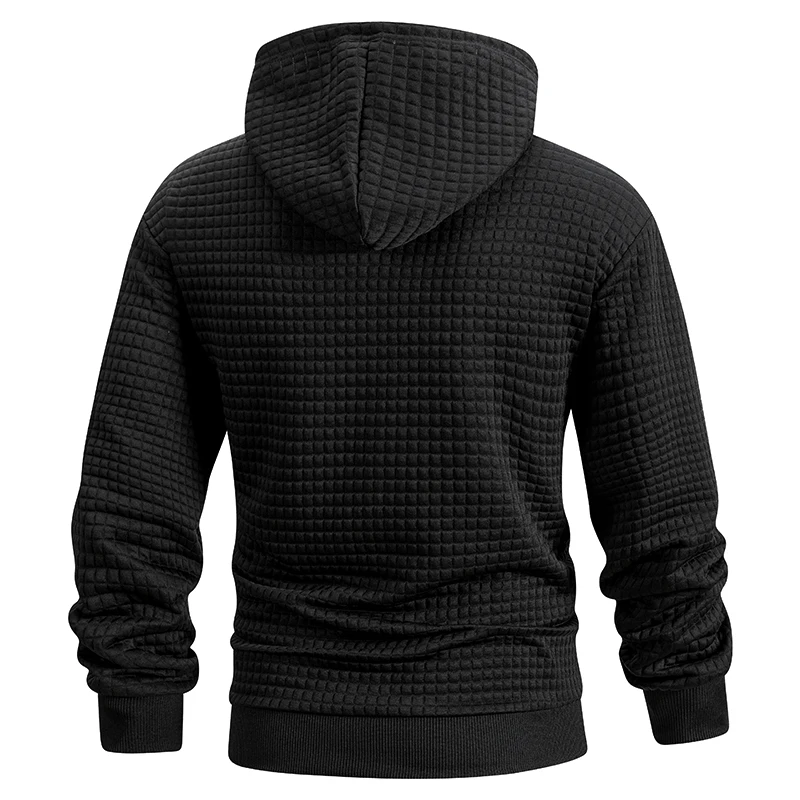 Men's Waffle Checkered Sports Zip Up Jacket with Kangaroo Pocket Autumn Winter Warm Hooded Sweatshirt Coat with Zipper Pocket