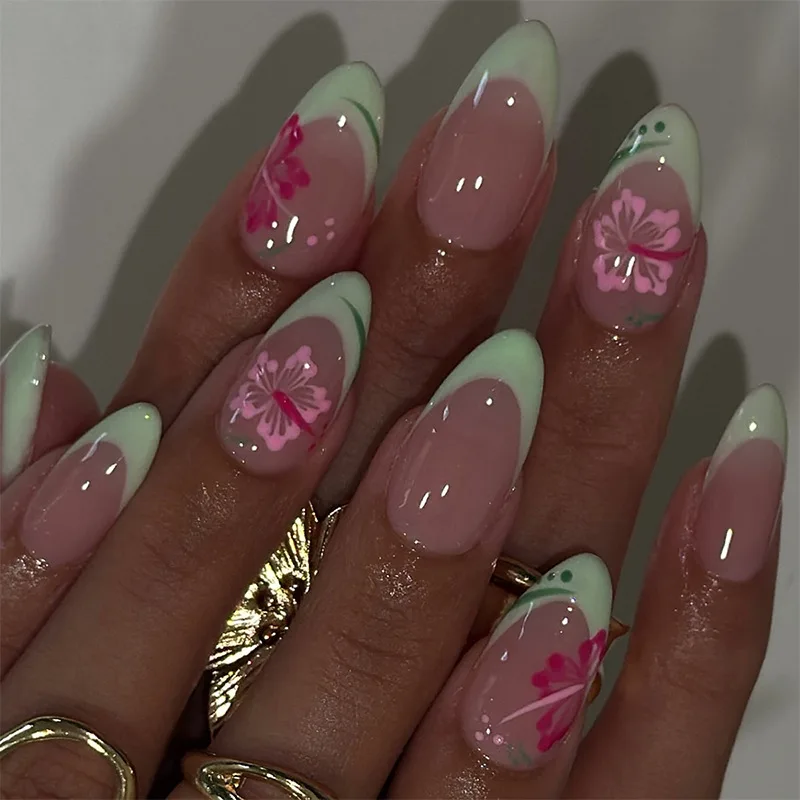 

24PCS Almond with Artistic Oil Painting False Nails Vintage Yellow French Red Flower Press on Nails Sweet Elegent Style Manicure