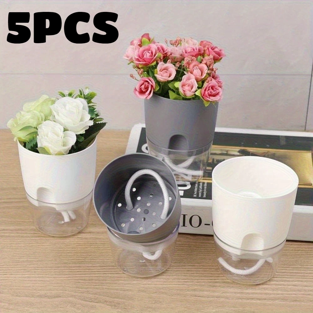 Juego de 5 Macetas de Plástico con Autorriego, Doble Capa, Hidropónicas, con Cuerda de Algodón para Riego, Macetas Pequeñas con Puerto de Inyección